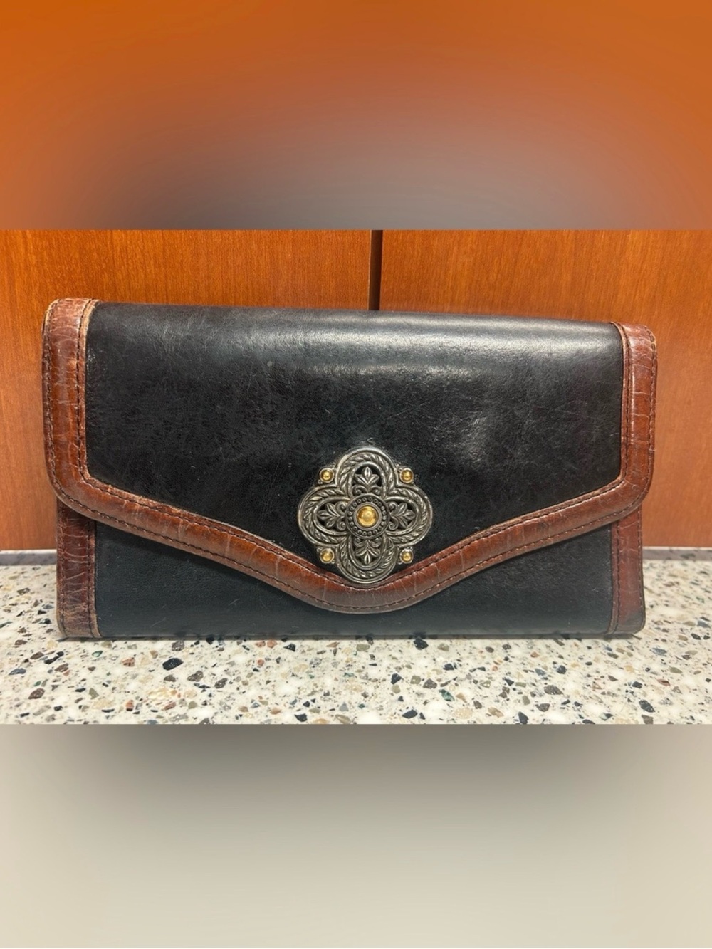 Vintage Brighton Black Leather Trifold Wallet